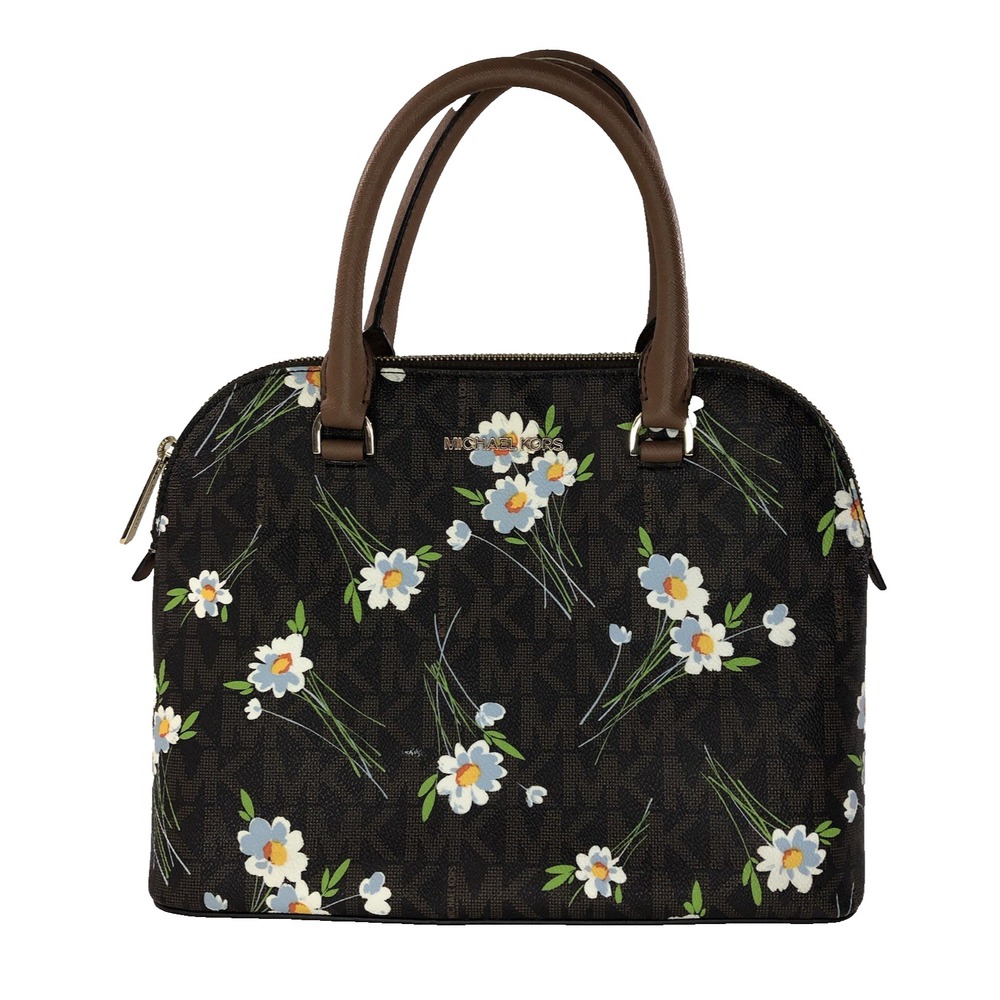 Michael Kors Cindy Dome Satchel Brown White Blue Floral Handbag Purse MK Logo‎